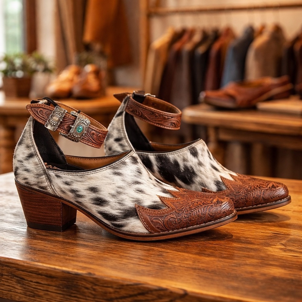 New Hand-Tooled Leather  strap Genuine Hide-On Women Bootie Boot Boho Western